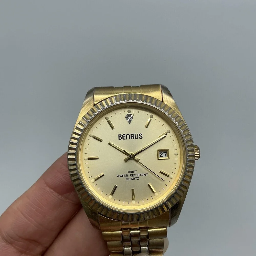 Vintage Benrus President Mens Watch 37mm Gold Tone Date New Battery 7.5